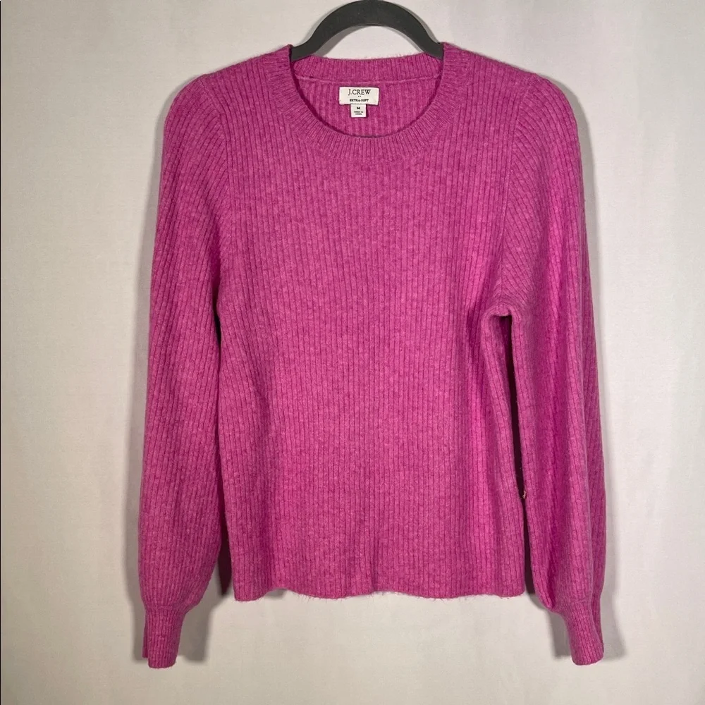 J. CREW WOMENS RIBBED PUFF SLEEVE PINK SWEATER EXTRA SOFT MEDIUM BJ854